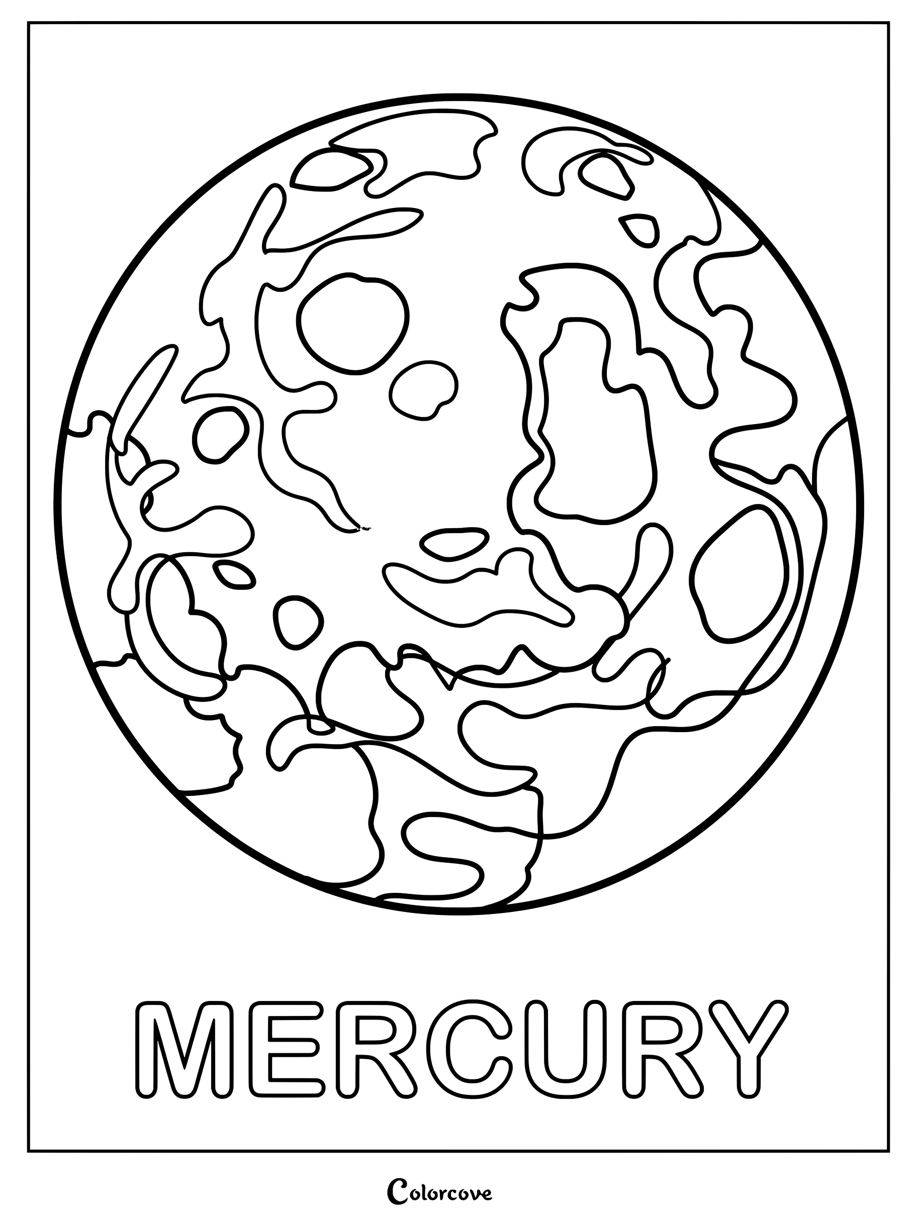 Coloriage de Mercure presentant un contour detaille de la planete pour l'apprentissage du Systeme Solaire.