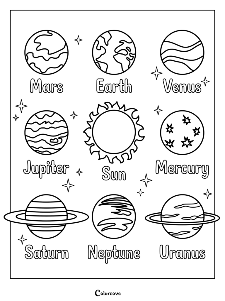 Pagina educativa para colorear del Sistema Solar que presenta a Marte, Tierra, Venus, Jupiter, Sol, Mercurio, Saturno, Neptuno y Urano rodeados de estrellas.