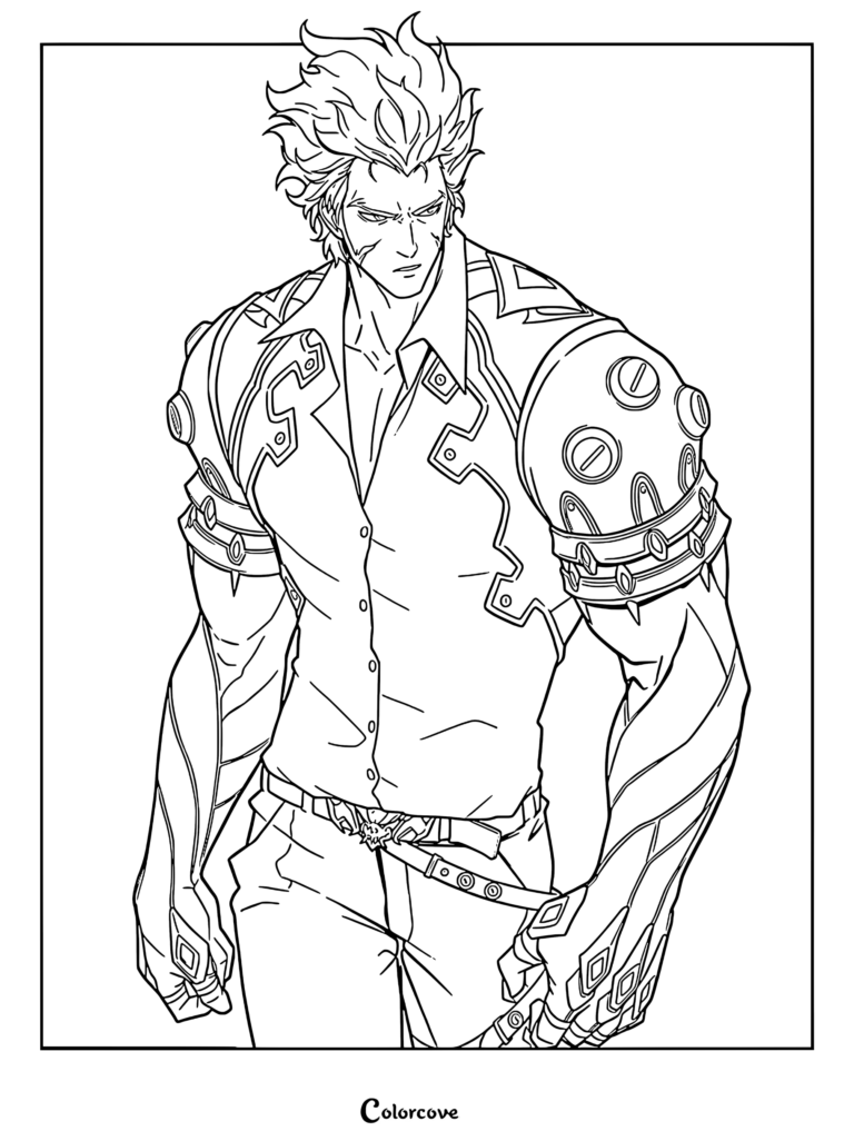 Baek Yoon-ho from Solo Leveling in a detailed line art coloring page, showing his muscular build, spiky hair, and armored shoulder pads.