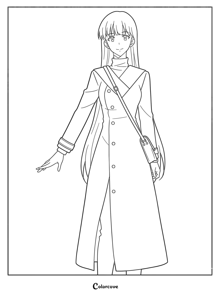 Lee Ju-hee from Solo Leveling wearing a long buttoned coat and crossbody bag in this printable coloring page.