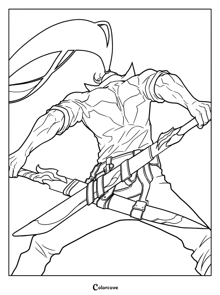 Liu Zhigang from Solo Leveling in a dynamic combat stance, drawing his sword from a sheath on his back, detailed line art coloring page.
