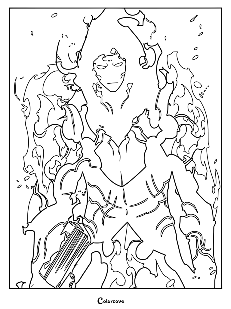 Min Byung Gyu as a resurrected shadow soldier from Solo Leveling, depicted in a detailed line art coloring page with ethereal flames.