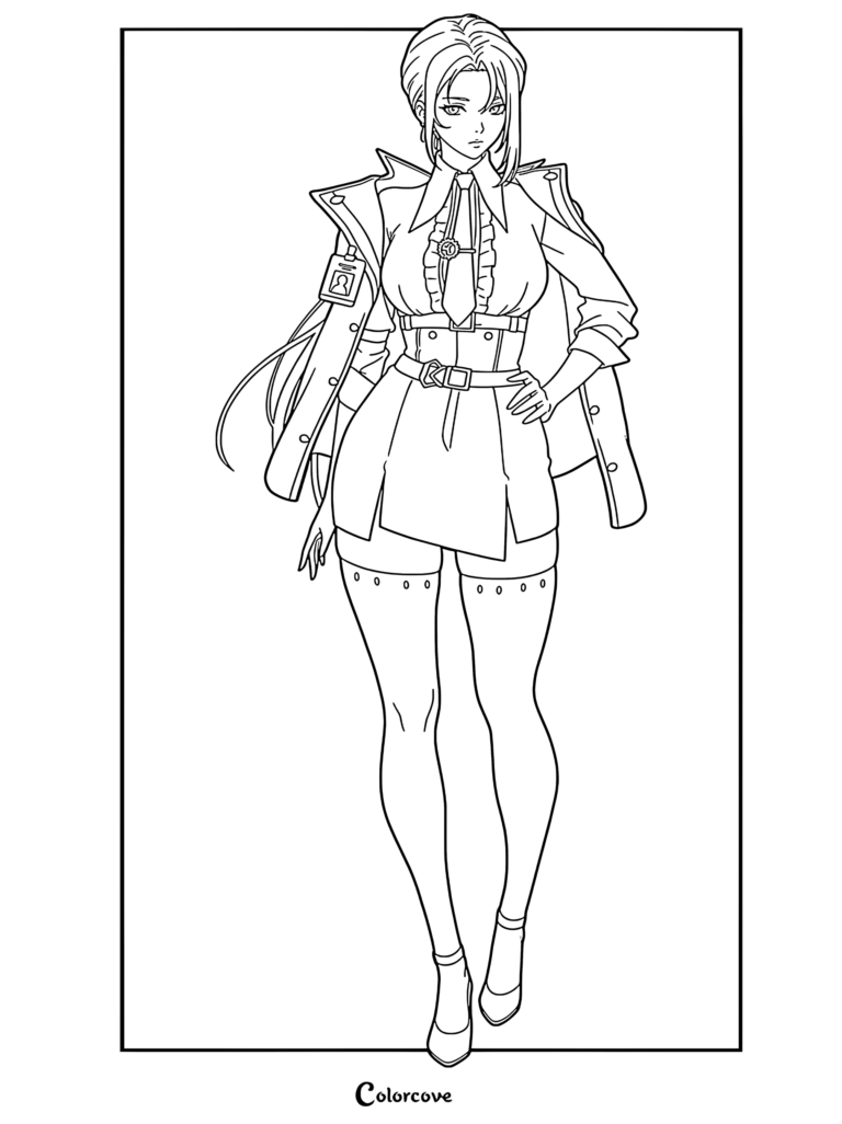 Seorin from Solo Leveling standing in a professional outfit with a blazer and tie, detailed line art coloring page.