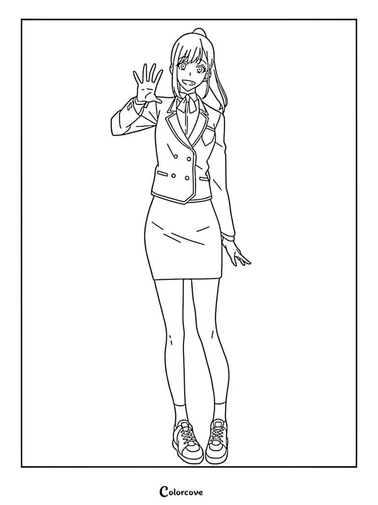 Sung Jin-ah from Solo Leveling waving in her school uniform, detailed line art coloring page.