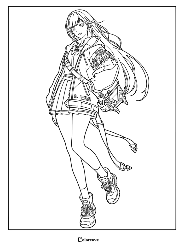 Sung Jin-ah from Solo Leveling wearing a school uniform and jacket in this detailed line art coloring page.