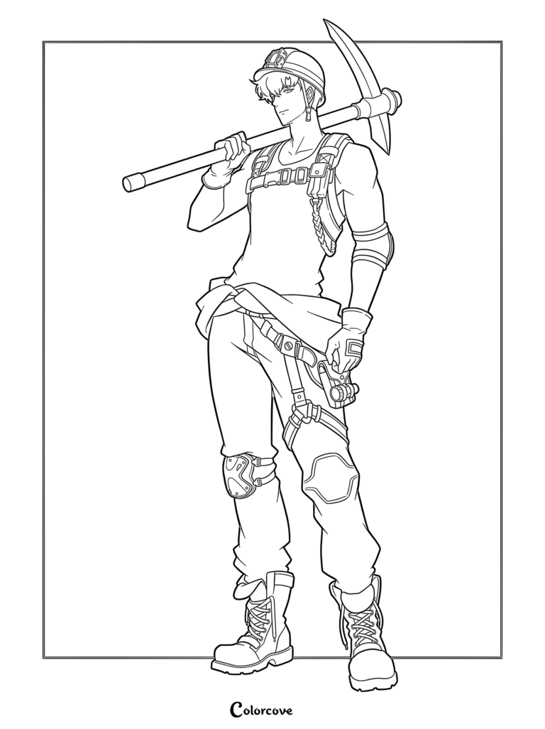 Sung Jin-woo from Solo Leveling Arise wearing mining work clothes and carrying a pickaxe on his shoulder in this printable coloring page.