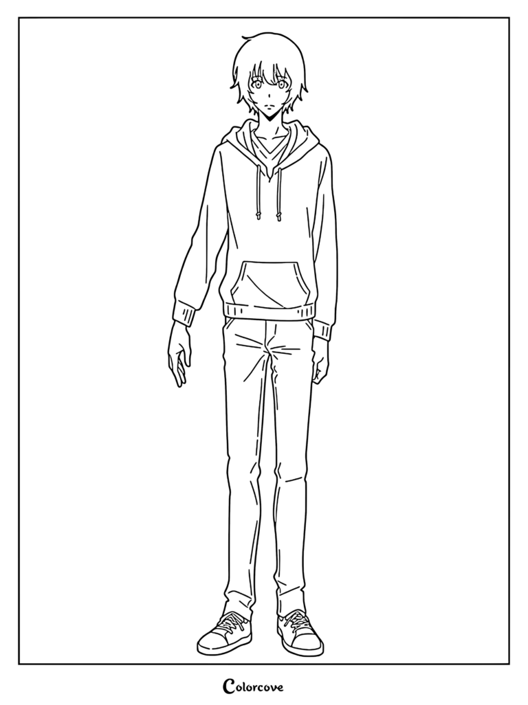 Line art coloring page of Sung Jin-woo standing in a casual hoodie and jeans.