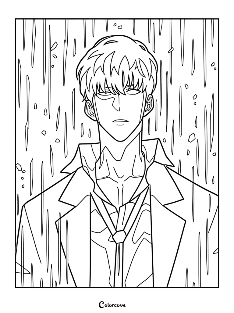 Sung Jin-woo standing stoically in the rain, detailed line art coloring page of the Solo Leveling protagonist.