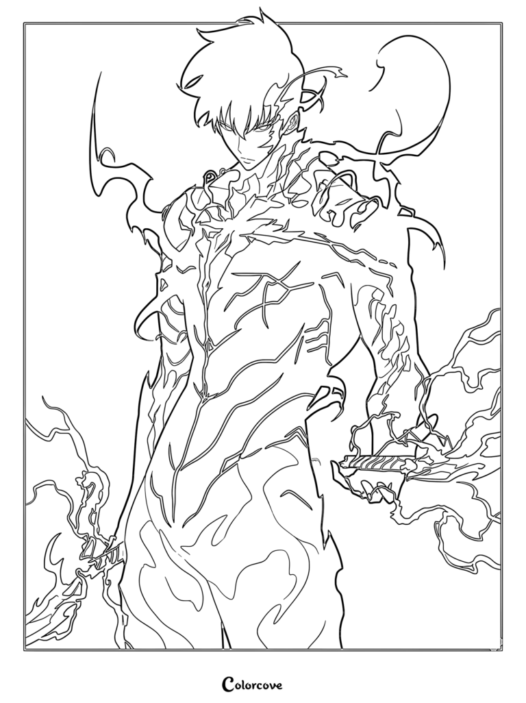 Sung Jin-woo in his Shadow Monarch form with glowing energy veins and daggers, detailed line art coloring page.