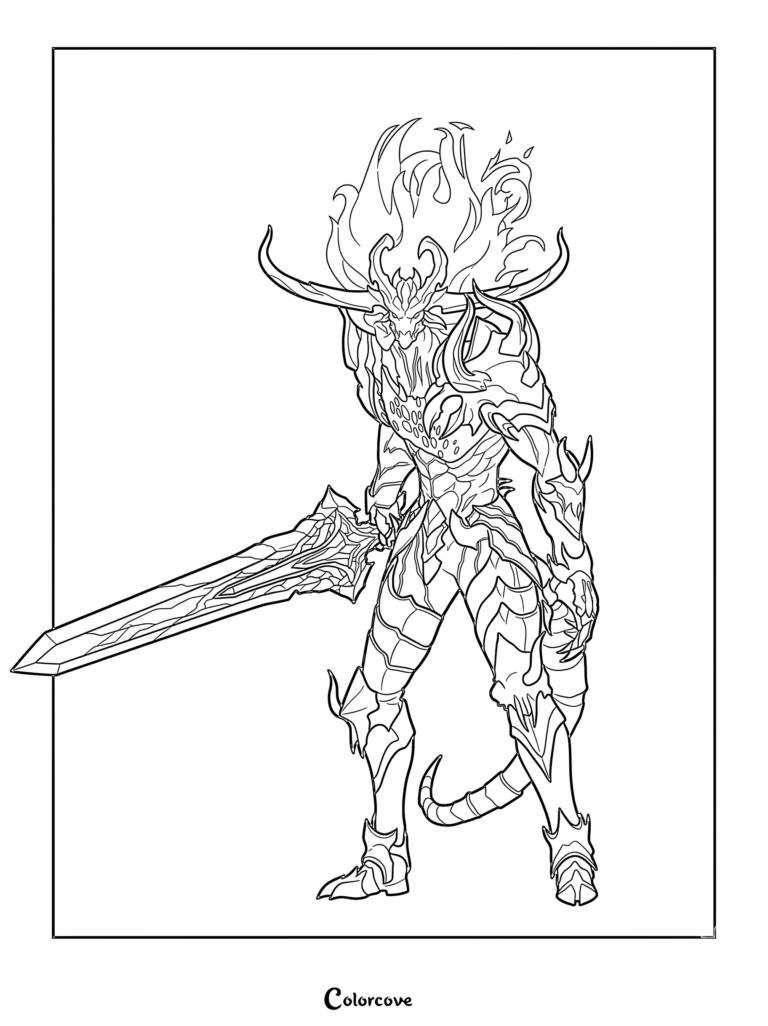 Line art coloring page of Baran the Demon King from Solo Leveling, featuring his horned head, flaming hair, and large jagged sword.