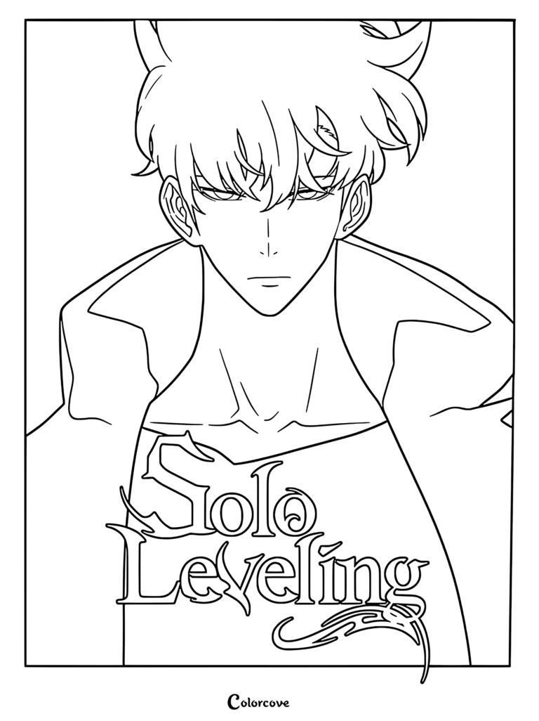 A detailed line art coloring page featuring a close-up portrait of Sung Jin-woo from Solo Leveling with the series logo.