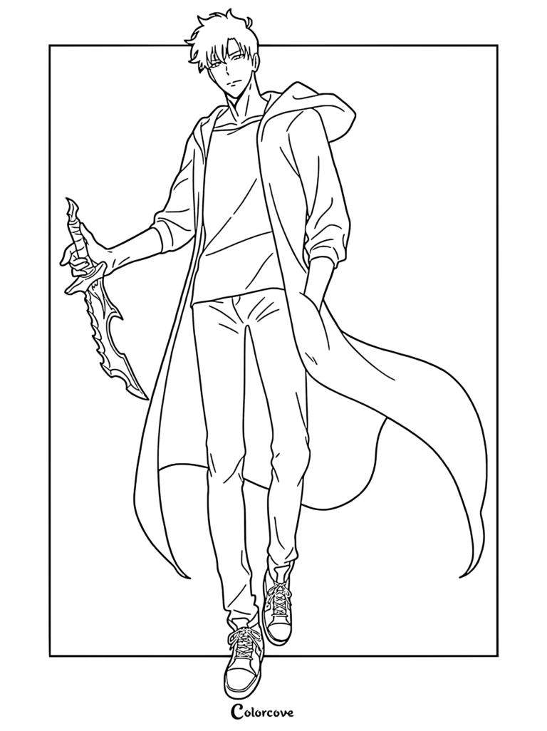 Sung Jinwoo from Solo Leveling holding a dagger in a long coat, line art coloring page.