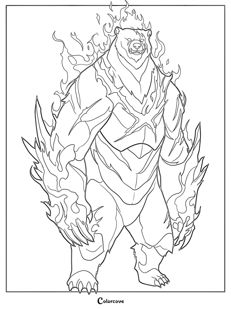 Solo Leveling Tank shadow soldier covered in flames coloring page with sharp claws and muscular build.