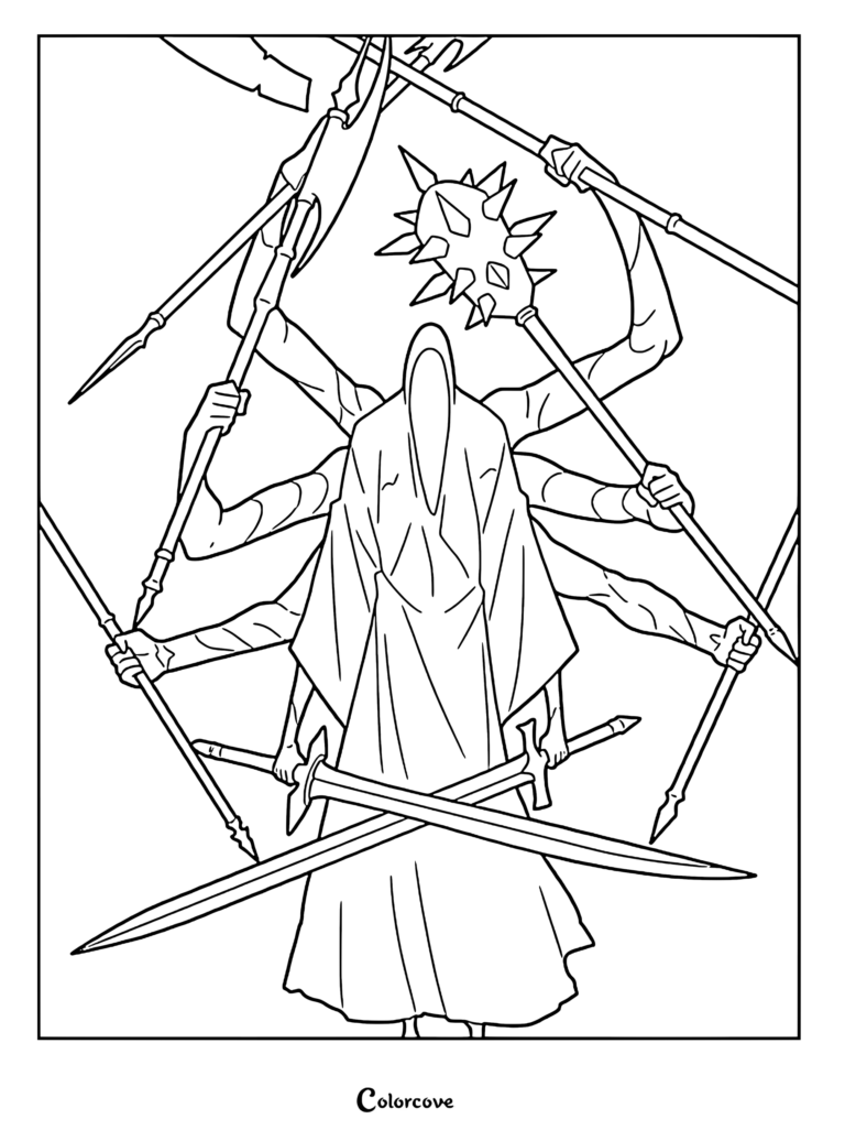 The Architect from Solo Leveling holding multiple weapons in a multi-armed stance, detailed line art coloring page.