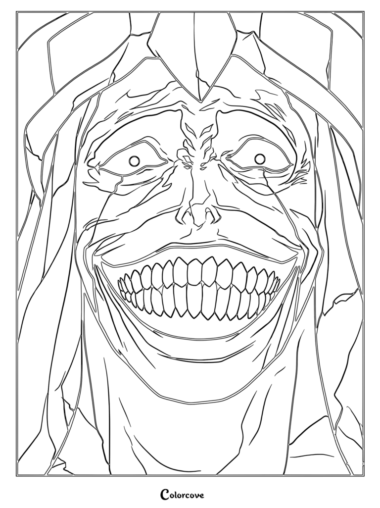 Close-up coloring page of The Smiling Statue of God from Solo Leveling featuring its wide, toothy grin and cracked stone face.