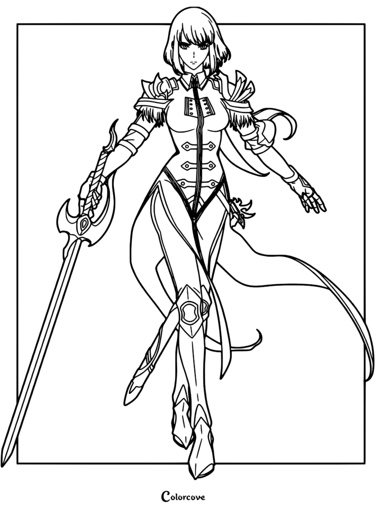 Cha Hae-in from Solo Leveling wearing her signature red and white hunter uniform and holding a golden-hilted sword in a detailed line art coloring page.