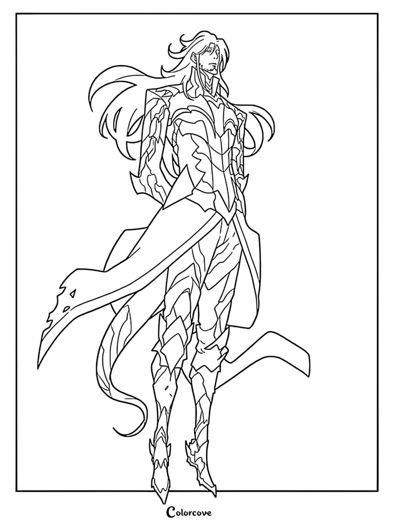 Antares, the Monarch of Destruction from Solo Leveling, standing in his armored form in this detailed line art coloring page.