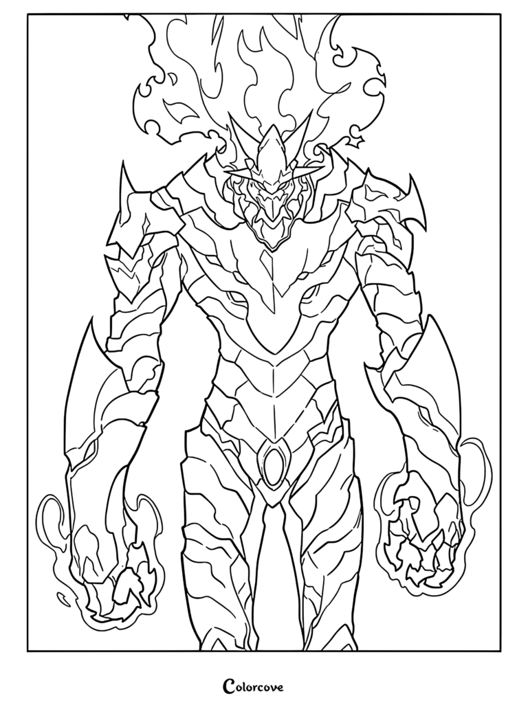Thomas Andre in his Goliath form with flaming hair and armored body, detailed line art coloring page.