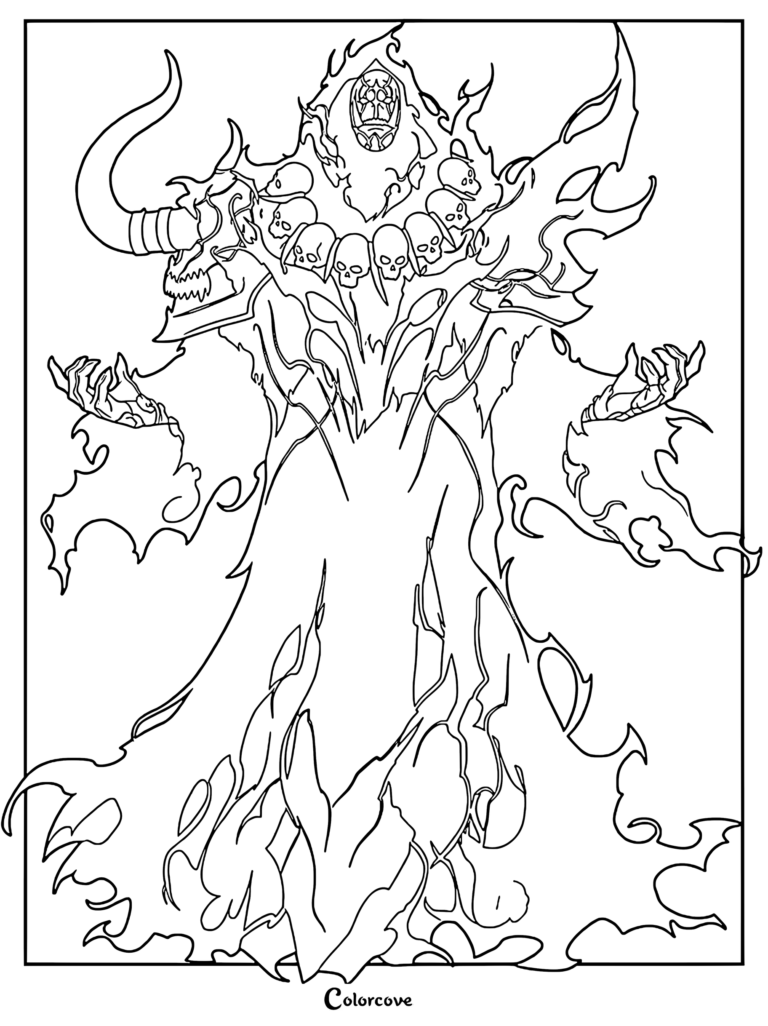 Tusk from Solo Leveling wearing a skull necklace and flowing robes in a detailed line art coloring page.