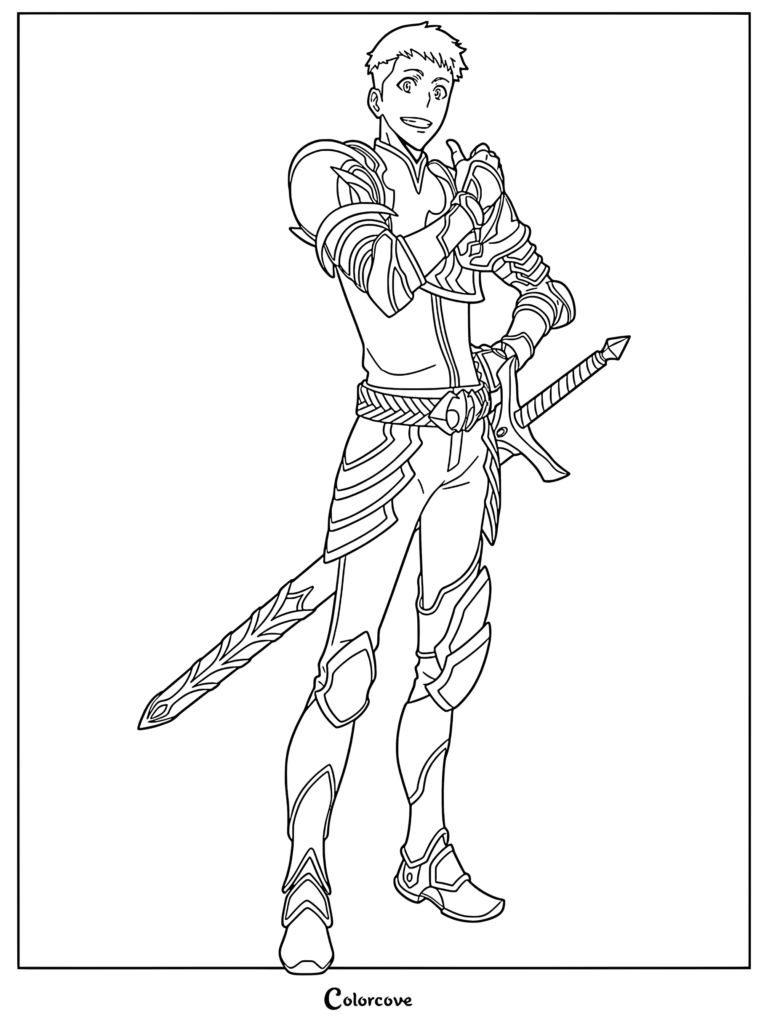 Yoo Jinho from Solo Leveling wearing detailed fantasy armor and holding a sword in this printable coloring page.