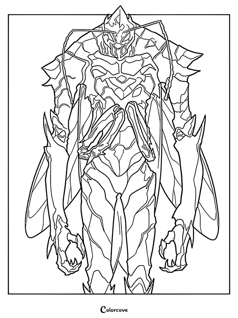 Detailed line art coloring page of Beru The Ant King from Solo Leveling featuring his insectoid armor and sharp claws