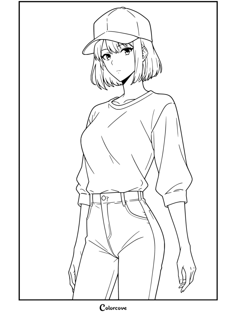 Solo Leveling coloring page featuring Cha Hae-in wearing a cap, long-sleeve top, and jeans.