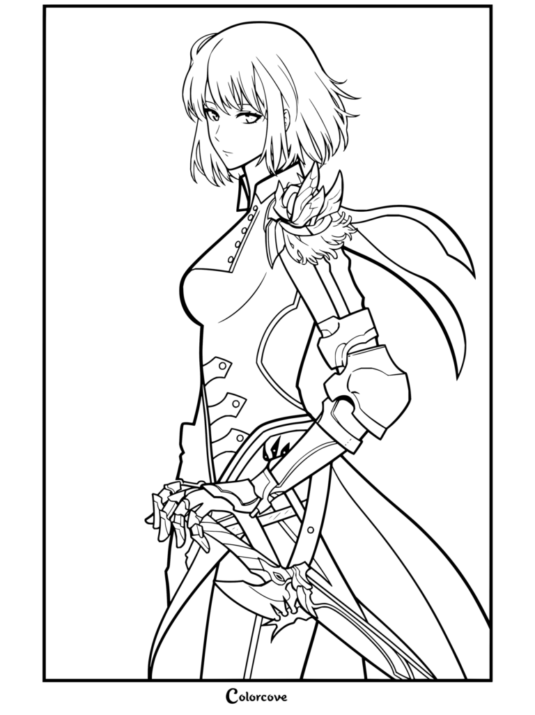 Solo Leveling coloring page featuring Cha Hae-in in detailed armor holding a sword.