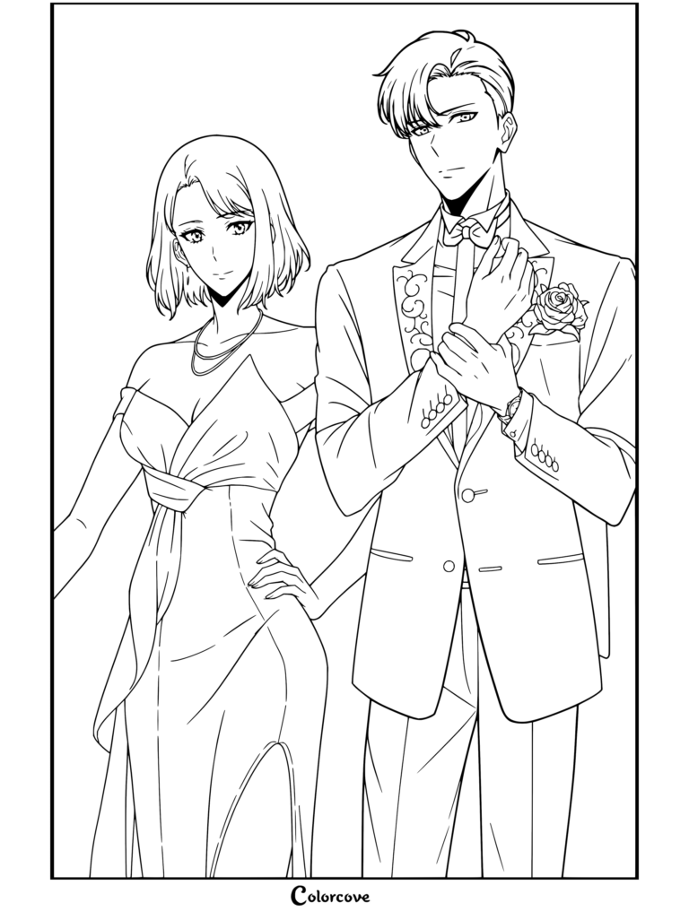 Solo Leveling coloring page featuring Cha Hae In and Choi Jong In wearing formal white wedding attire elegantly posed together
