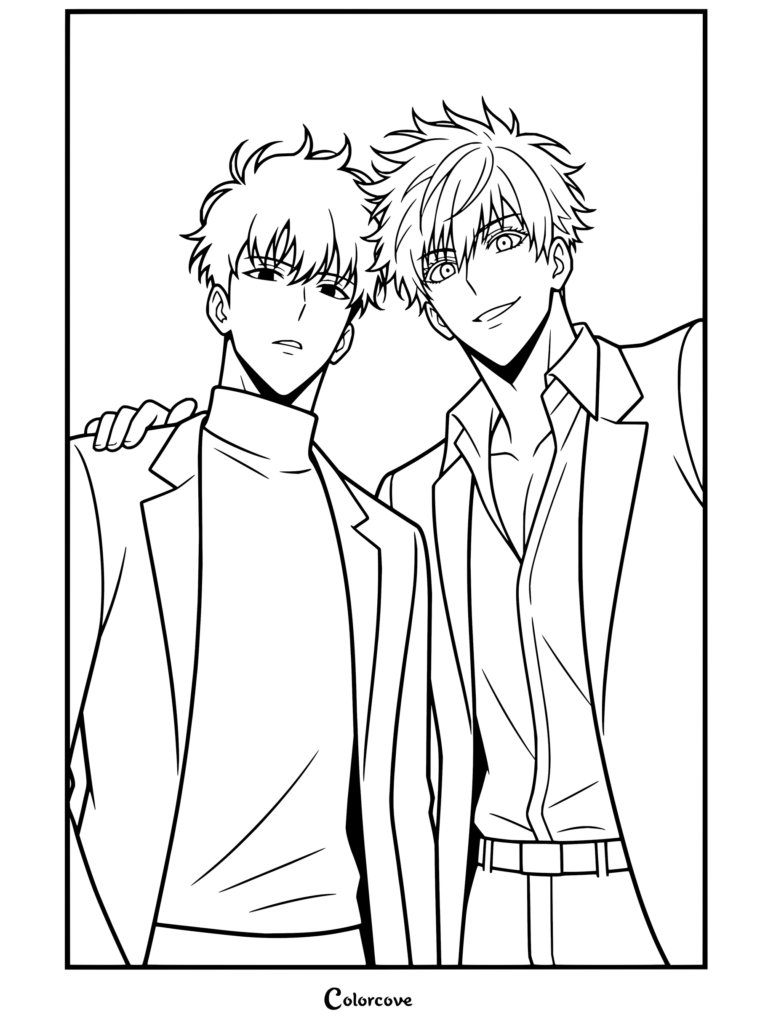 Solo Leveling coloring page featuring Gojo Satoru and Sung Jin-woo in a friendly crossover pose.