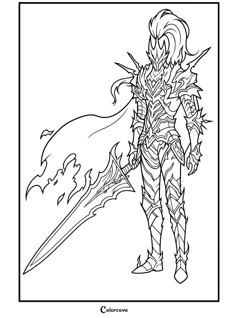 Coloring page of Igris the Red from the anime and webtoon Solo Leveling, wearing ornate armor and holding a large sword.