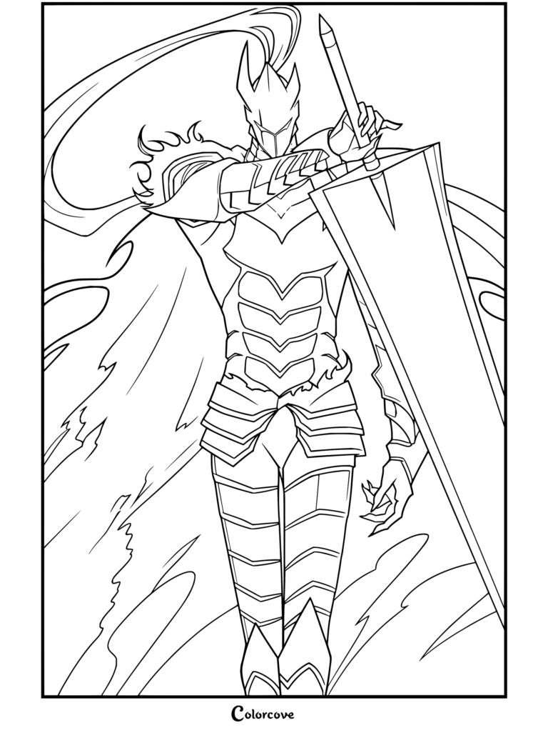 Solo Leveling Igris coloring page showing the knight in detailed armor holding a massive greatsword.