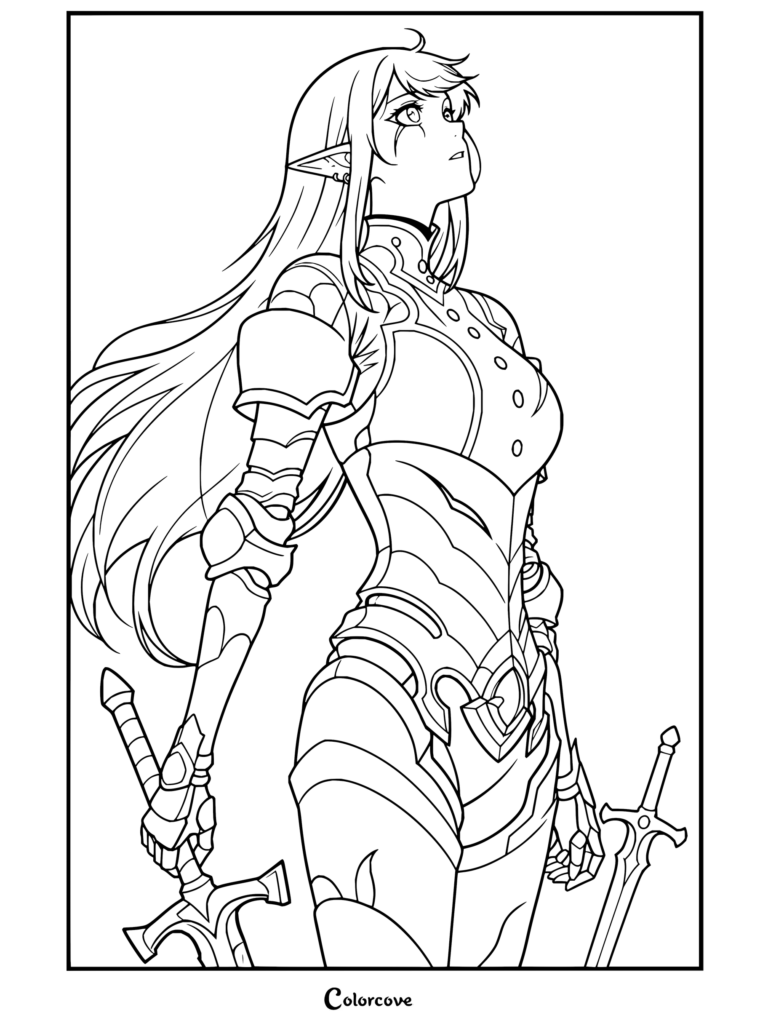 Solo Leveling coloring page featuring a purple-haired Esil Radiru in shiny armor standing in ruins under rain