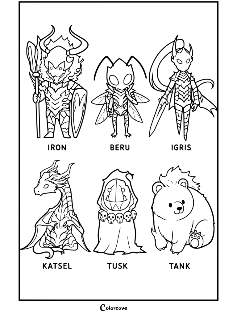 Free Solo Leveling coloring page featuring chibi style illustrations of Sung Jin Woo's shadows including Iron, Beru, Igris, Katsel, Tusk, and Tank.