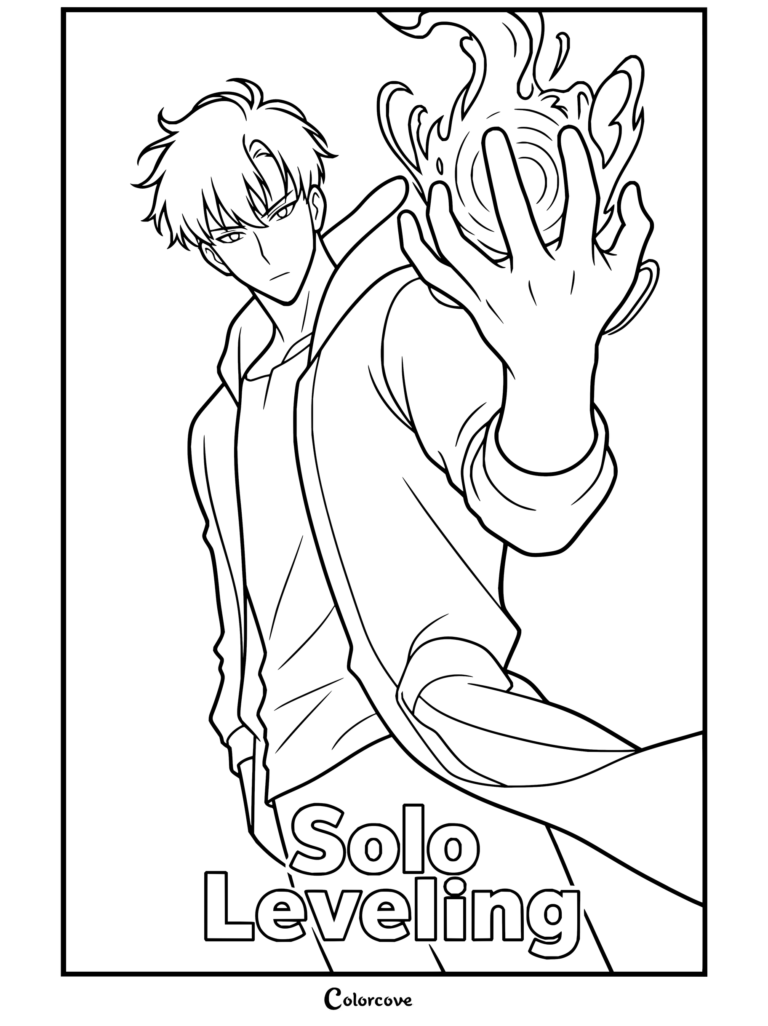Free printable coloring page of Sung Jin-woo from Solo Leveling casting magic with his hand raised.