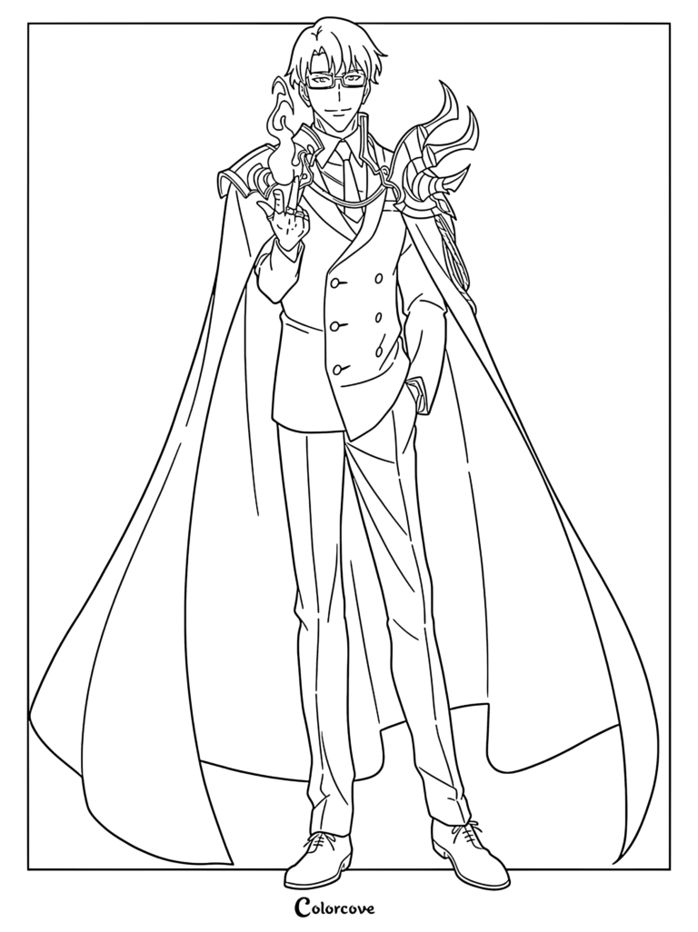 Choi Jong-In from Solo Leveling wearing a suit and cape with flames on his finger, detailed line art coloring page.