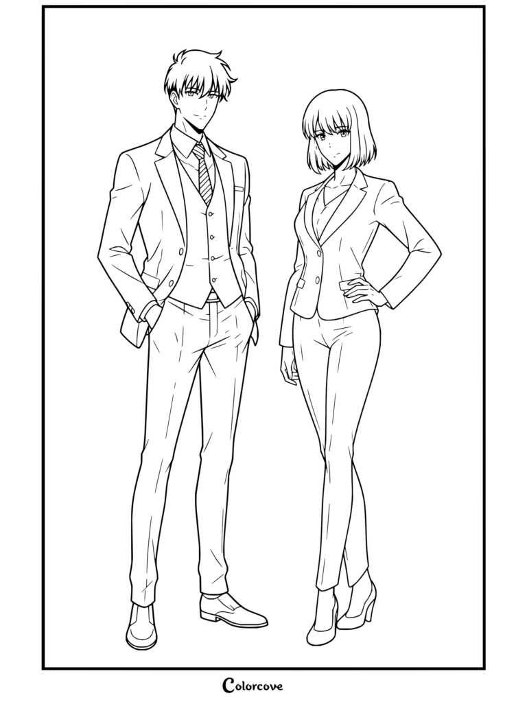 Solo Leveling coloring page featuring Sung Jinwoo and Cha Hae In standing side by side in professional business suits.