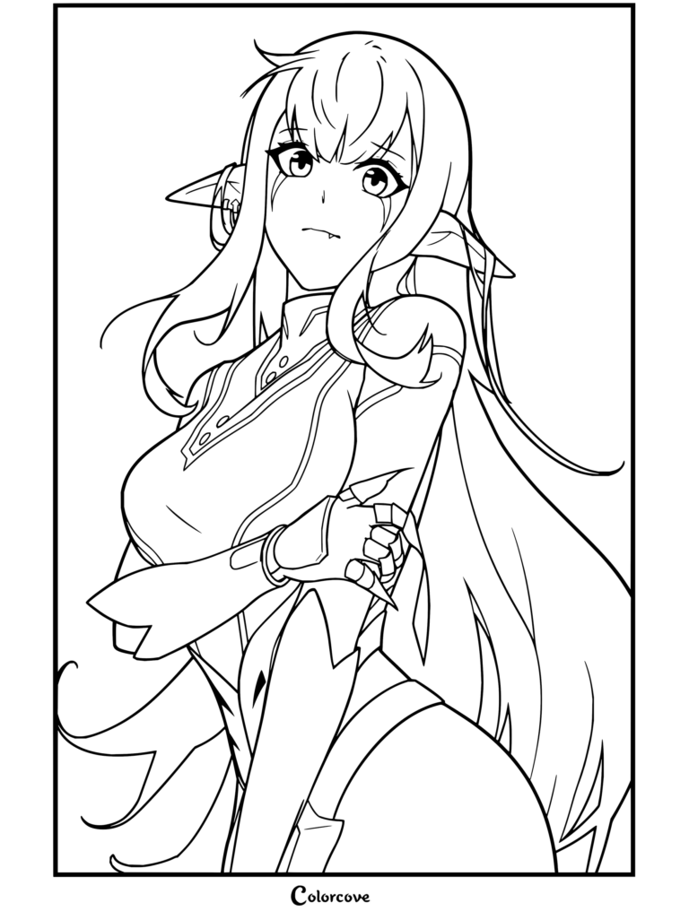 Esil Radiru from Solo Leveling coloring page featuring the demon noble with long hair and pointed ears in a detailed outfit.
