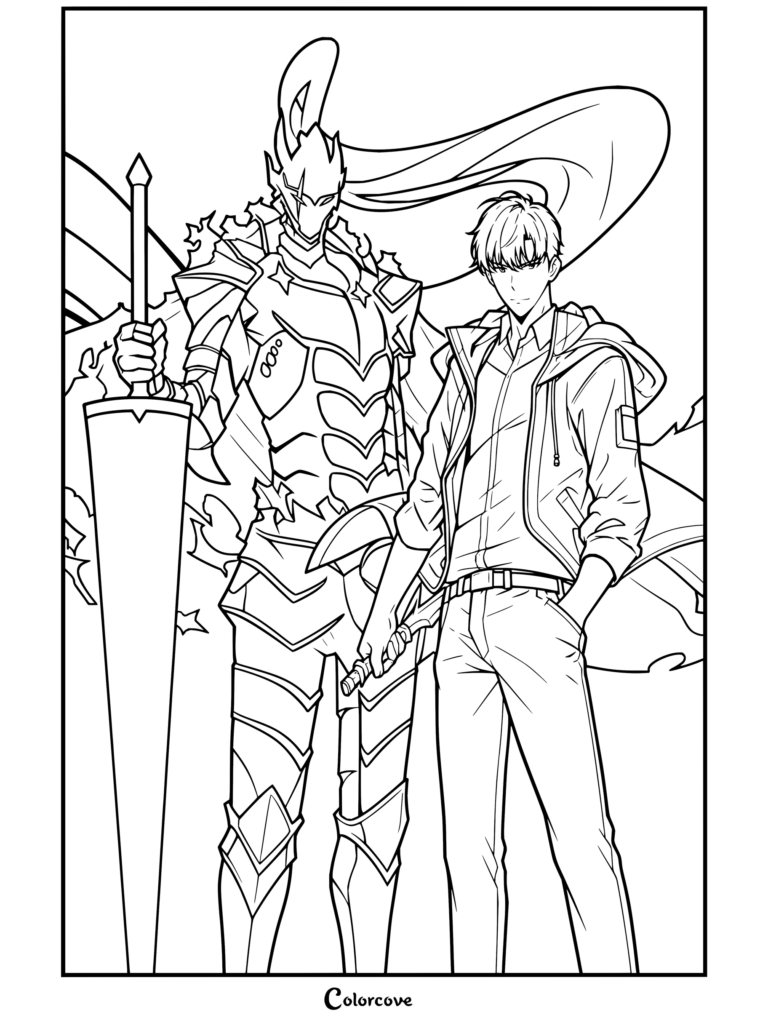 Free Solo Leveling coloring page featuring Sung Jin-woo and his loyal shadow soldier Igris.