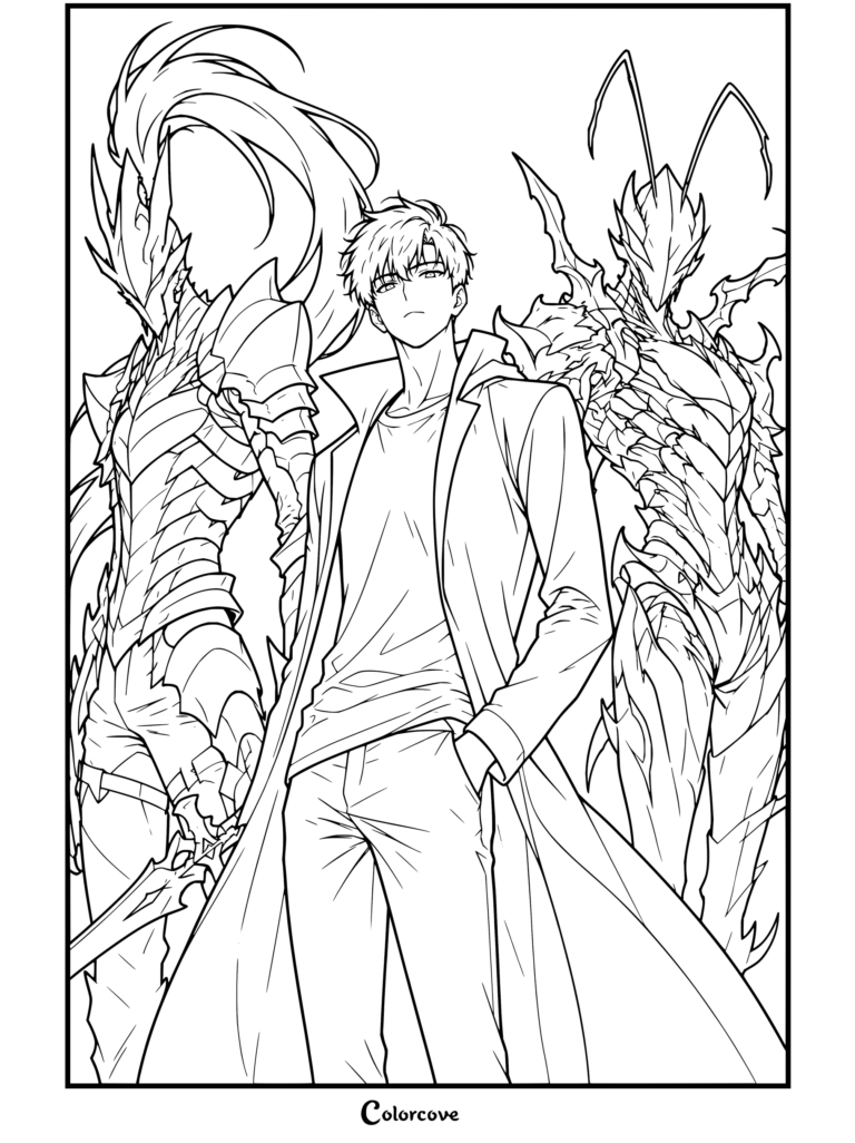 Solo Leveling coloring page featuring Sung Jin-woo flanked by his loyal shadow soldiers Igris and Beru.