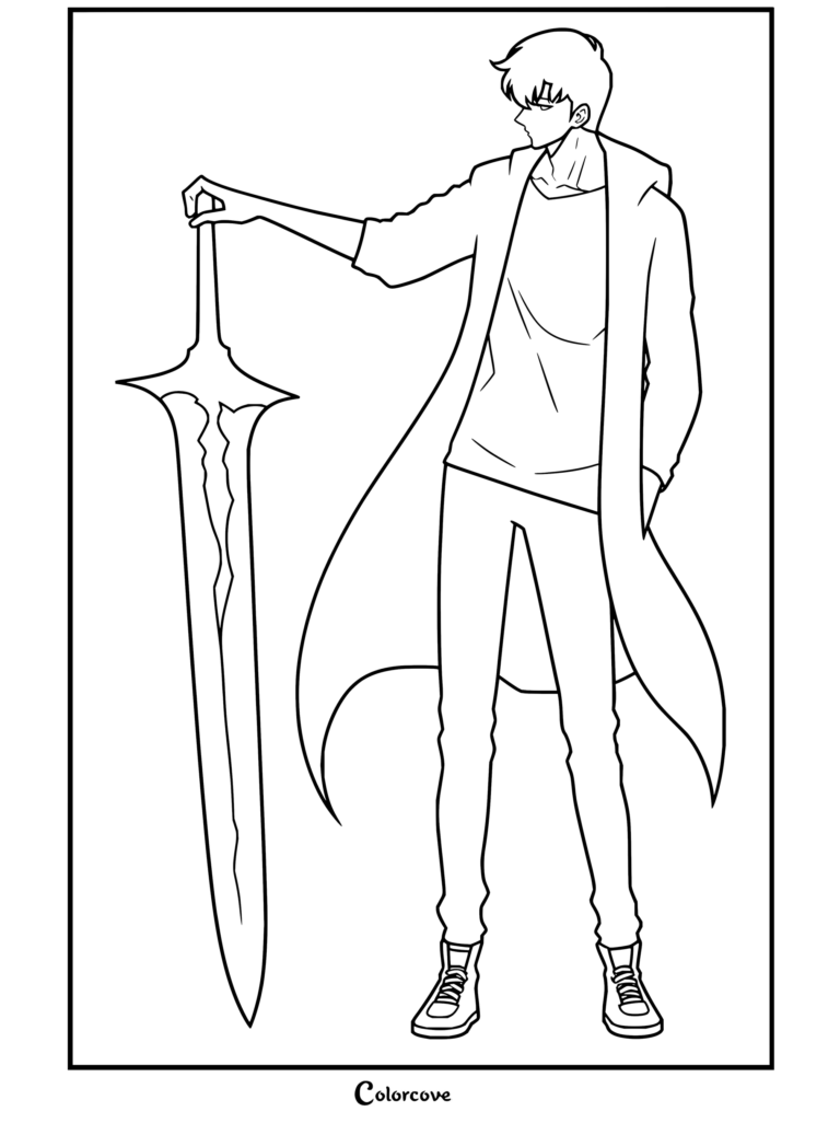 Printable coloring page of Sung Jin-woo from Solo Leveling standing and holding the Demon King's Longsword.