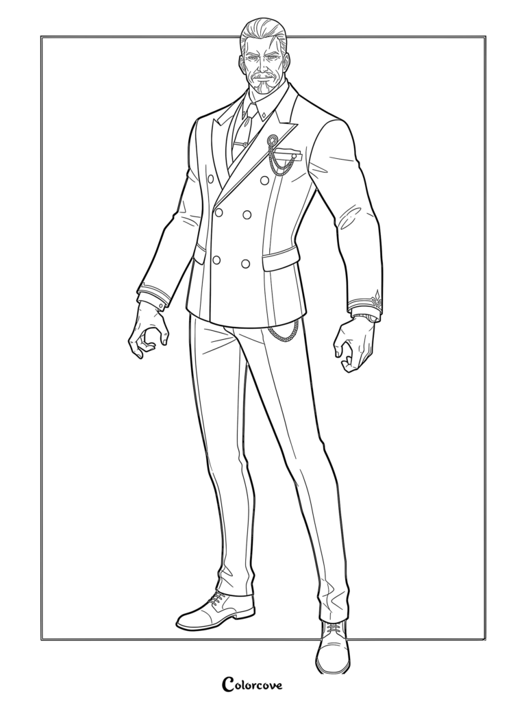 Go Gunhee from Solo Leveling standing in a formal double-breasted suit, detailed line art coloring page.