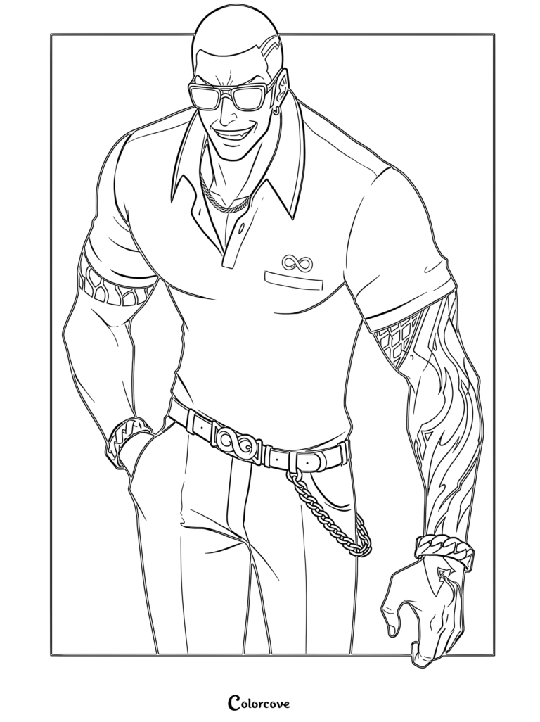 Hwang Dong-soo from Solo Leveling wearing sunglasses and a polo shirt, detailed line art coloring page.
