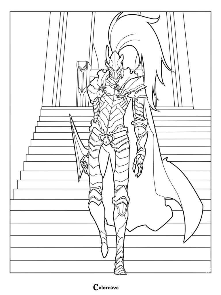 Igris the Bloodred Knight standing on stairs in full armor with a flowing cape, detailed Solo Leveling coloring page.