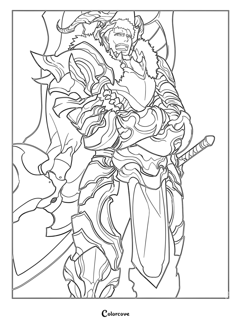 Iron from Solo Leveling wearing ornate heavy armor and a fur-lined collar in a detailed coloring page.