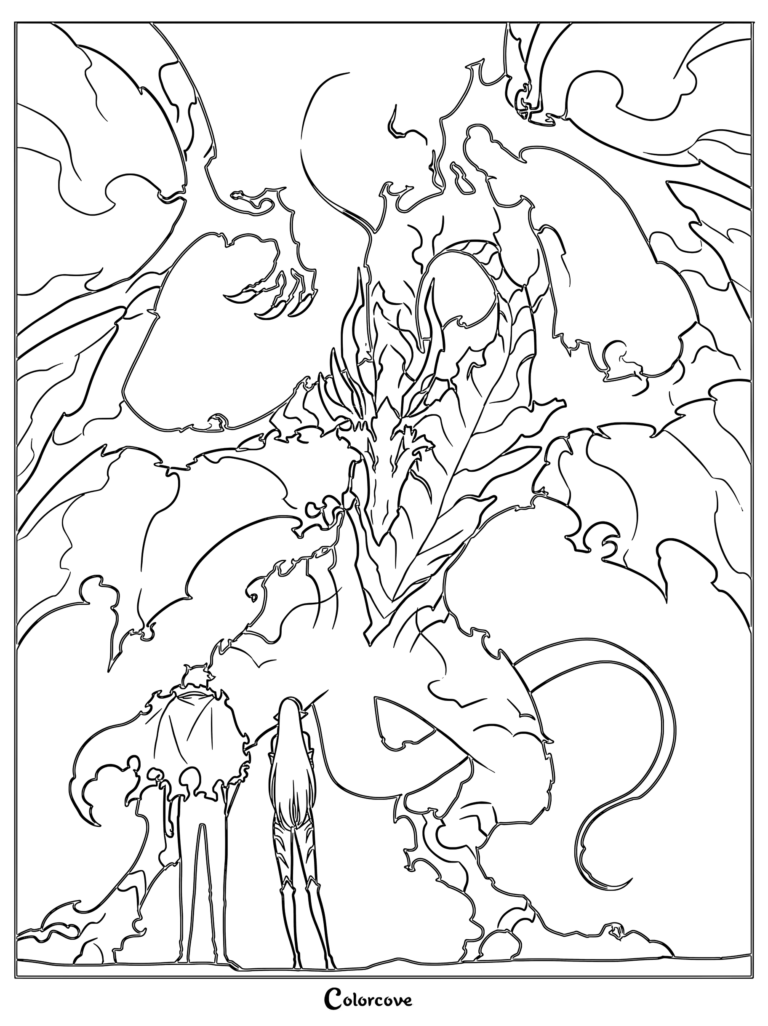 A detailed Solo Leveling coloring page featuring Sung Jin-Woo standing on the lower left, Esil Radiru the purple-haired demon noblewoman standing beside him, and the massive shadow wyvern Kaisel dominating the background.