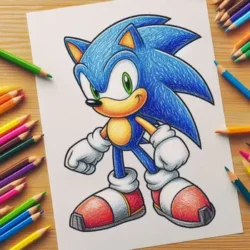 Coloring page of a vibrant blue hedgehog character with colored pencils scattered around on a wooden surface.