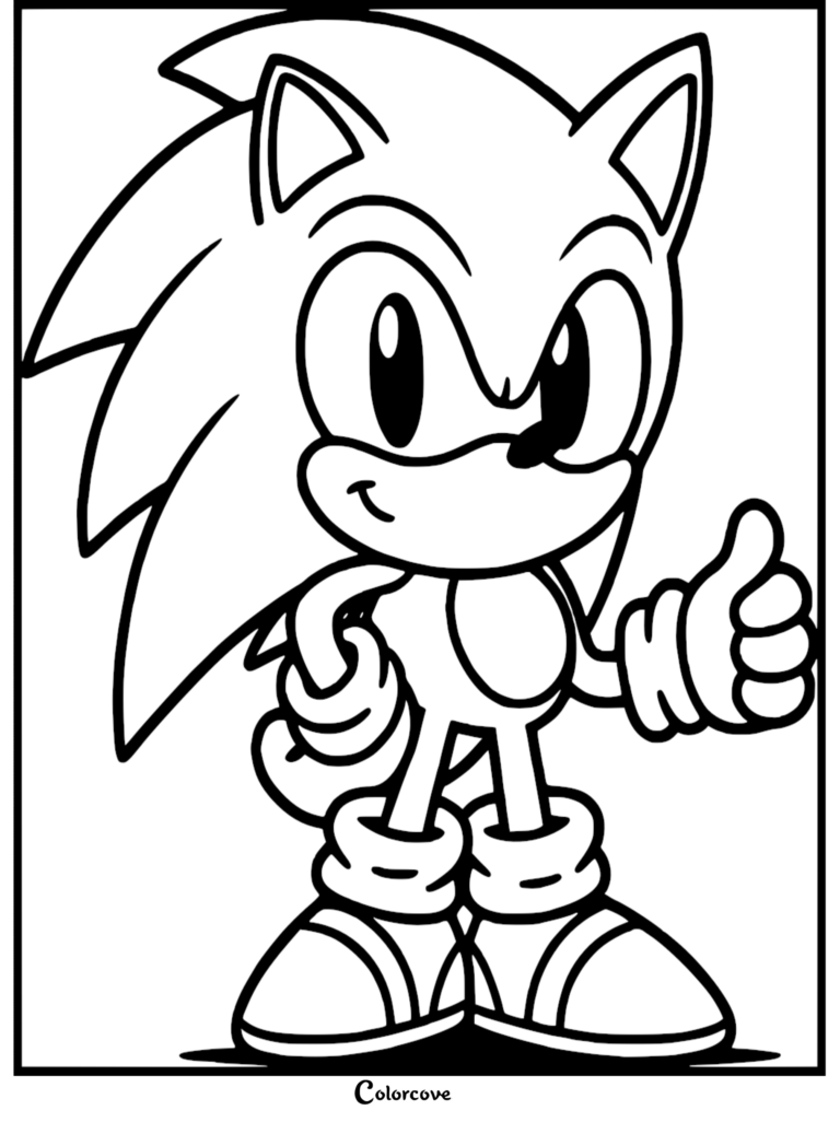 Classic Sonic the Hedgehog giving a thumbs up, black and white line art coloring page.