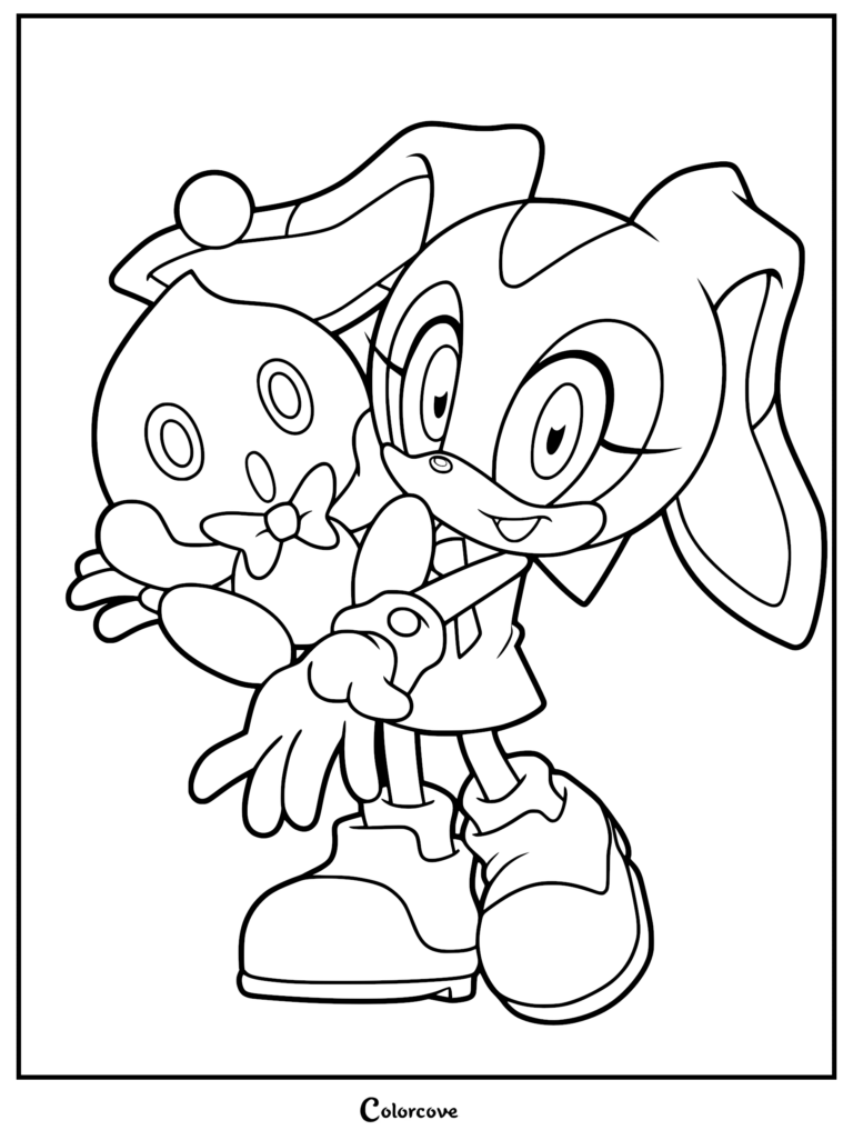 Cream the Rabbit holding Cheese the Chao in a printable coloring page format
