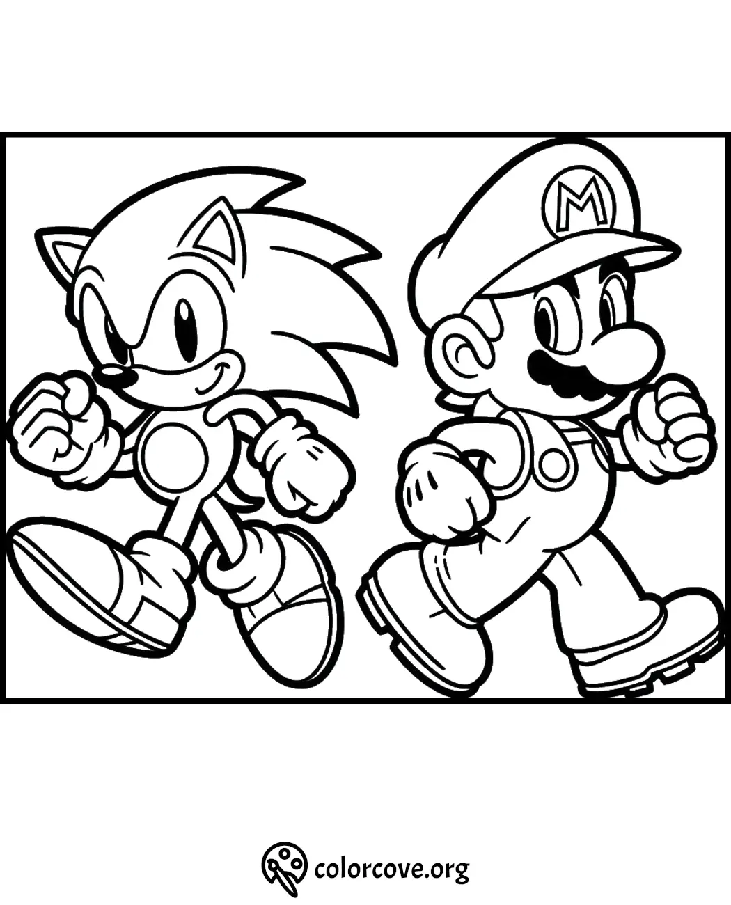 Sonic the Hedgehog and Mario coloring page, perfect for kids. Free printable download available at colorcove.org.