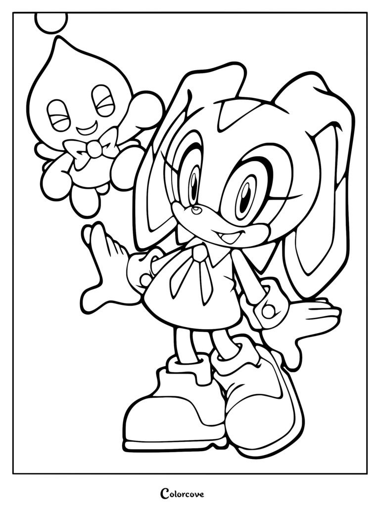 Cream the Rabbit standing next to her friend Cheese the Chao in this printable coloring page.
